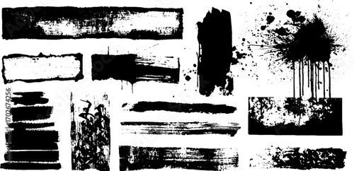 Black ink collage: ripped paper shapes and splatter elements for creative design