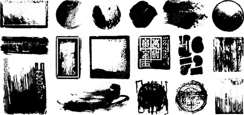 Black ink collage fragment set with round and square sticker designs