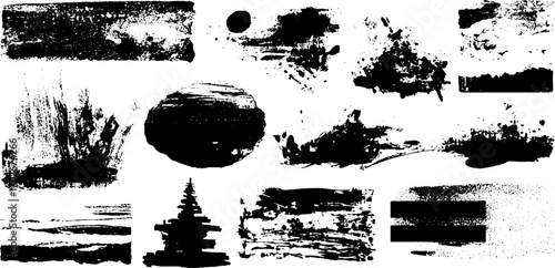 Abstract black ink collage with ripped paper shapes for creative design