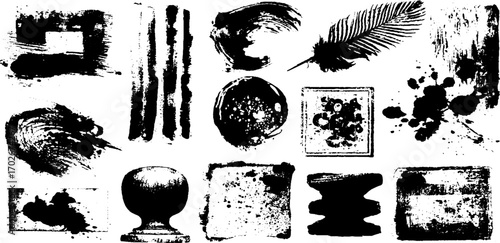 Black ink collage fragments and ripped paper shapes for creative design