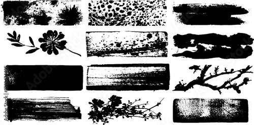 Black ink texture set featuring collage fragments and experimental patterns for creative design