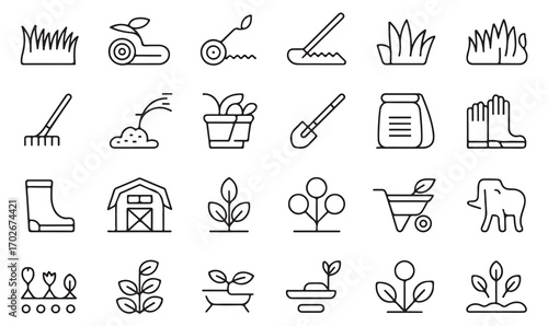 Vector line icons collection of flowers, planting, soil care, grass cutting, and eco gardening equipment for agriculture and outdoors
