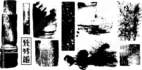 Black ink texture set with experimental collage elements for creative design projects
