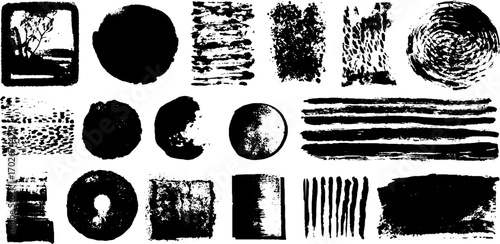 Experimental black ink texture set with scribbles and explosive designs for creative projects