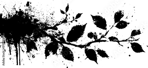 Black ink grunge silhouette of branch with leaves - abstract nature art design for posters