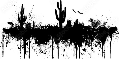 Urban grunge ink silhouette of cactus with splattered landscape for artistic design