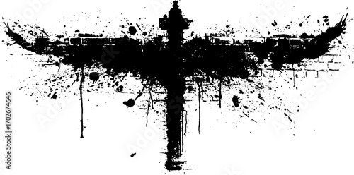 Grunge black ink silhouette of a cross with splattered artistic elements for urban design