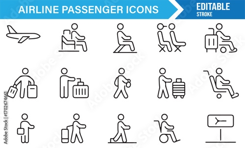 Set of editable aviation passenger icons for airport design, tourism, and travel projects