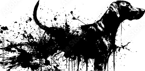Black ink grunge silhouette of dog with splattered ink accents