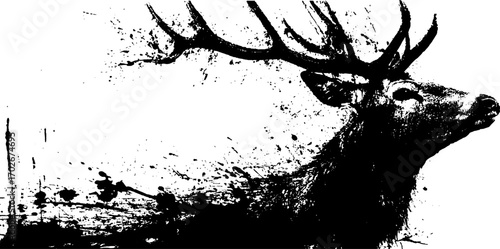Grunge silhouette of deer head with black ink splatter art for unique and bold design