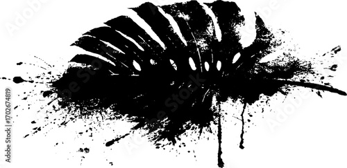 Black ink grunge silhouette of monstera leaf with splatter design for posters or wall art