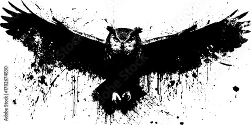 Grunge silhouette of owl in black ink with splattered abstract design