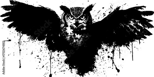 Black ink grunge silhouette of owl with splattered ink for urban art designs