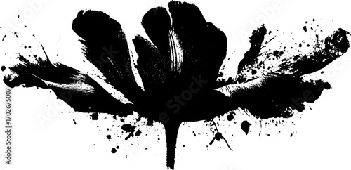Black ink grunge silhouette of tulip flower with splatters for urban art designs