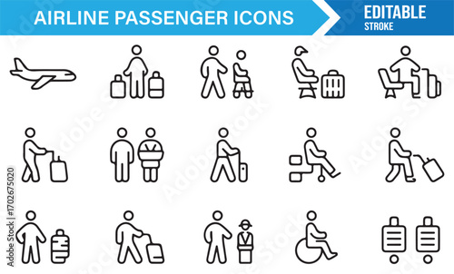 Minimal linear icons of passengers boarding, waiting, and traveling with airline services