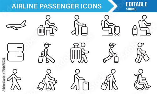 Airline and airport icon set including check-in counters, seats, boarding, and luggage handling