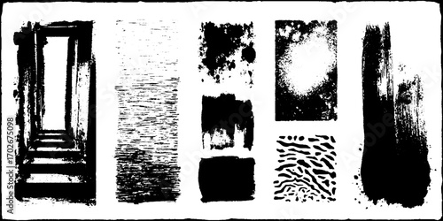 Black ink grunge texture set with dusty noise and scratches for design projects