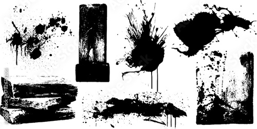 Black ink grunge texture set with splattered spots and drips for creative design