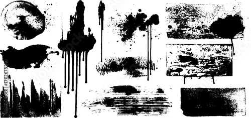 Black ink grunge textures - splattered spots and drips for creative design projects