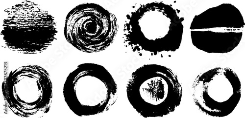 Black ink minimal texture set with bold brush swirls and circular designs