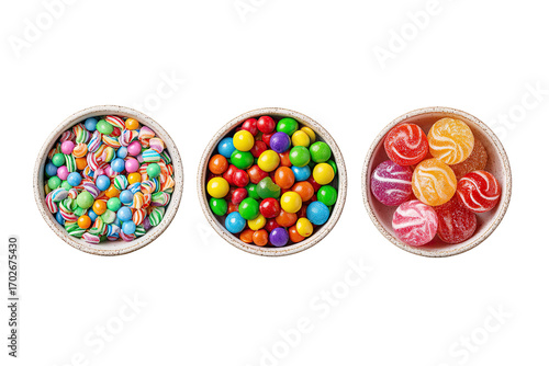 Three small bowls filled with assorted colorful candies
