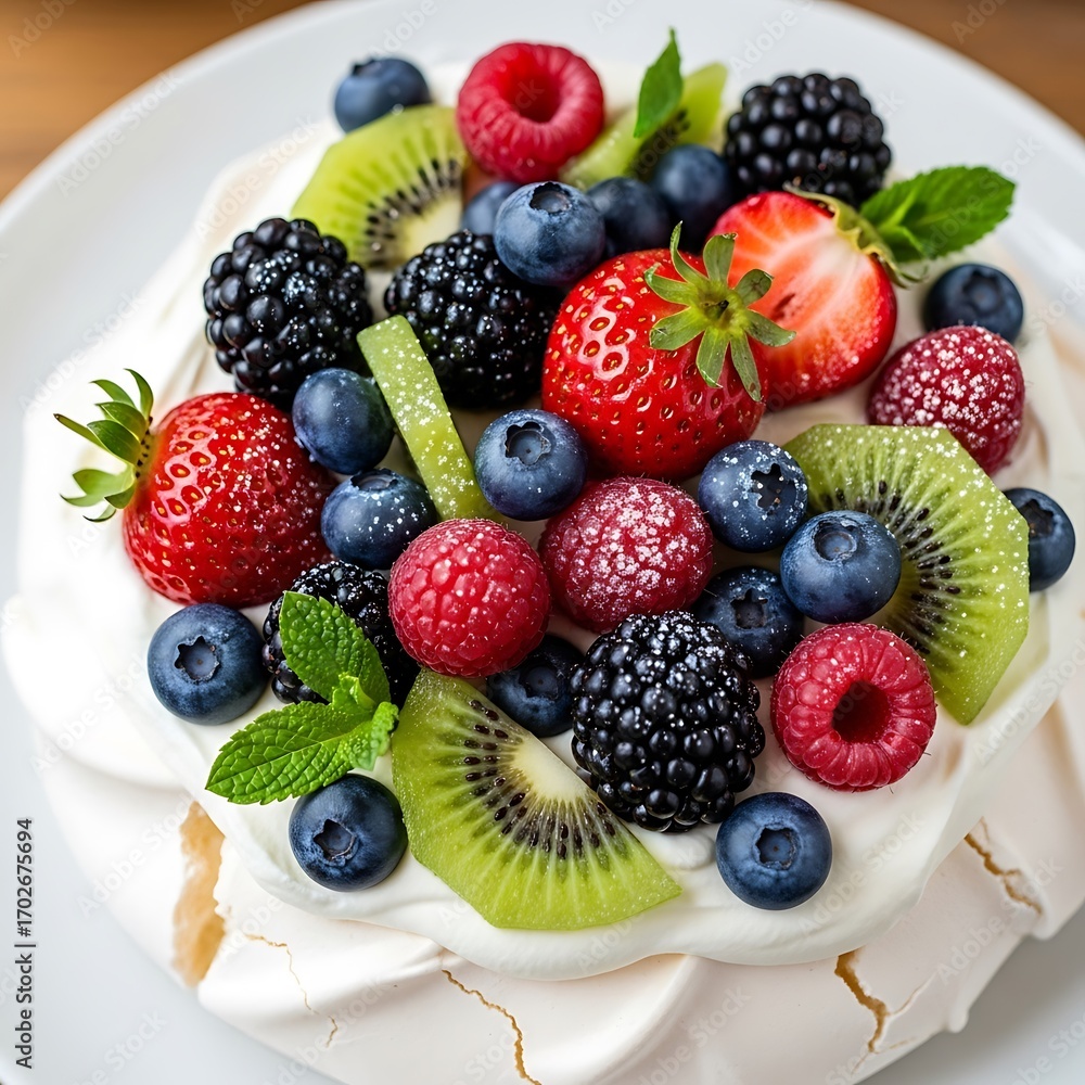 Obraz premium A delectable pavlova topped with a vibrant array of fresh berries, kiwi, and strawberries, showcasing a beautiful display of sweet and colorful artistry.