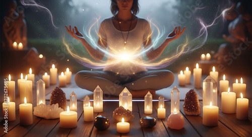 Woman Meditating with Crystals and Candles.