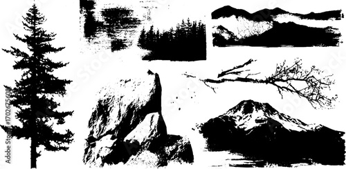 Nature-inspired black ink texture set with mountain and tree silhouettes for design and art projects