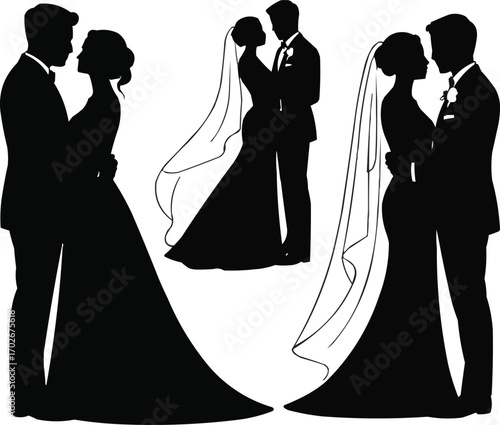Elegant Wedding Couple Silhouettes Black and White Vector Set