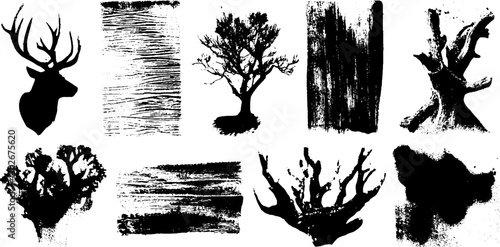 Organic ink texture and tree bark silhouettes set for artistic design