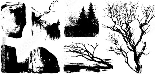 Organic ink textures set with mountain and tree silhouettes for artistic designs