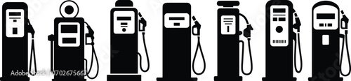 Vector illustration of black silhouettes of different gas pumps, perfect for automotive, fuel, and transportation-themed design projects.
