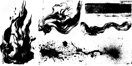 Black ink psychedelic texture set featuring abstract flames and splatter elements