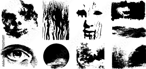 Psychedelic black ink texture set for creative design and acid trip themes