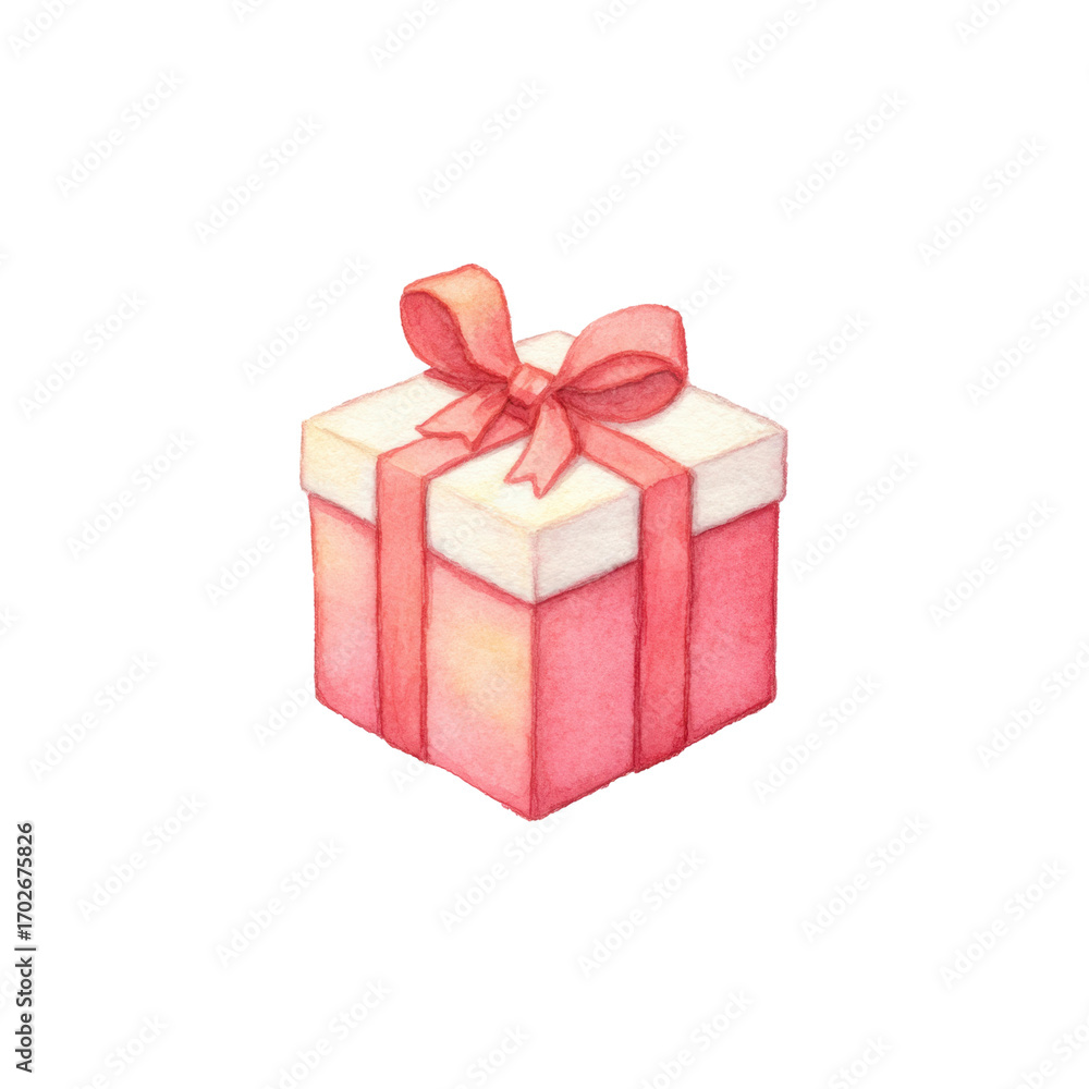 Obraz premium Watercolor gift box with red ribbon and bow, cut out