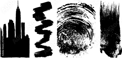 Black ink psychedelic texture set with glitch fragment for artistic design