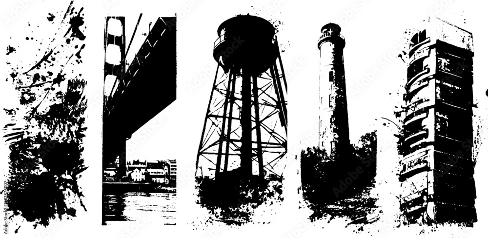 Fototapeta premium Industrial bridges and structures: black ink silhouette border set for urban design