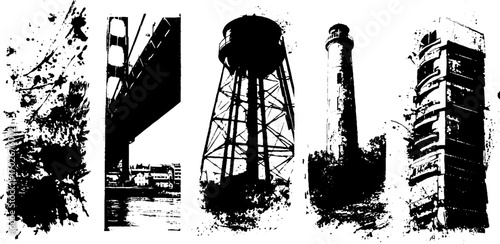 Industrial bridges and structures: black ink silhouette border set for urban design