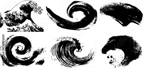 Psychedelic black ink wave and swirl texture set for optical illusion designs