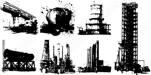 Industrial silhouette set: bridges and structures in black ink art for urban design