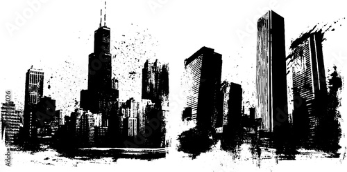 Urban cityscape silhouette with ink splatter and grunge effects for creative design