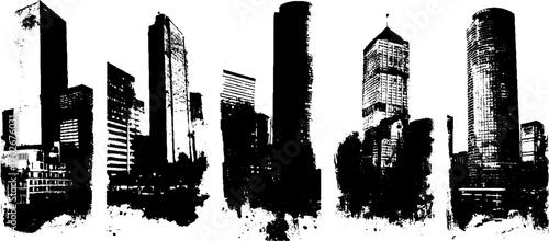 Urban cityscape silhouette with black ink skyline and grunge aesthetic
