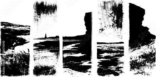 Abstract black ink silhouette of mountain and river landscape border set