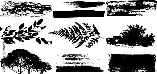Black ink tree silhouettes and grunge borders set for artistic designs