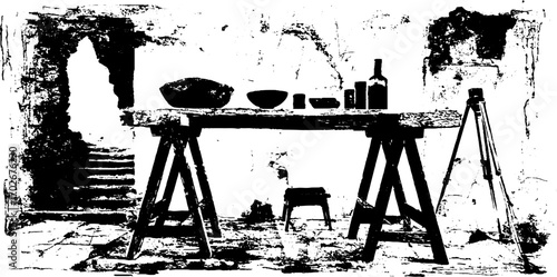 Black ink silhouette of a ruined room interior with old furniture and tools
