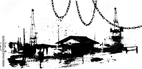 Industrial landscape silhouette with chains and black ink splatter design for urban art projects