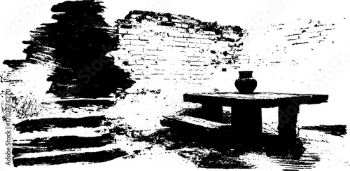 Urban decay silhouette of ruined room with brick walls and vase for art design