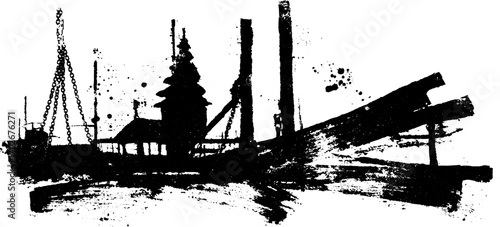 Black ink silhouette of a rusty industrial landscape with chains and gears