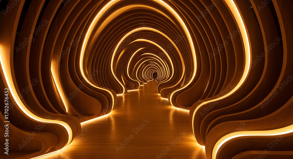 Obraz premium Futuristic Amber Tunnel with Curved Architecture, Reflective Floor, Warm Lighting, Surreal Corridor Perspective, and Modern Ambient Design Aesthetic, 4K image 