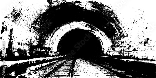 Mysterious abandoned subway tunnel in black ink silhouette for urban design